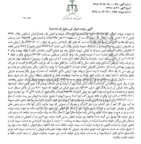 مزایده مزایده سه دانگ مشاع از ششدانگ آپارتمان