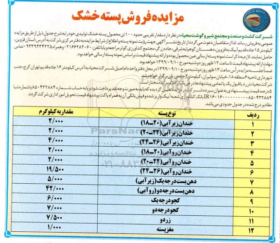 مزایده, مزایده فروش پسته خشک