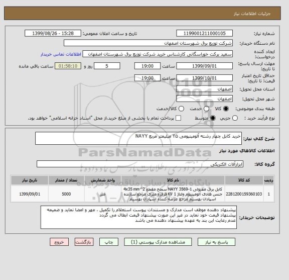 استعلام خرید کابل چهار رشته آلومینیومی ۳۵ میلیمتر مربع NAYY