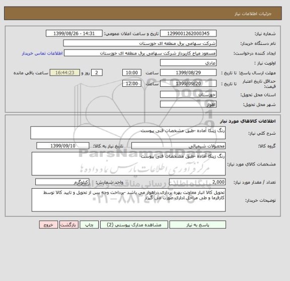 استعلام رنگ زینکا آماده -طبق مشخصات فنی پیوست 