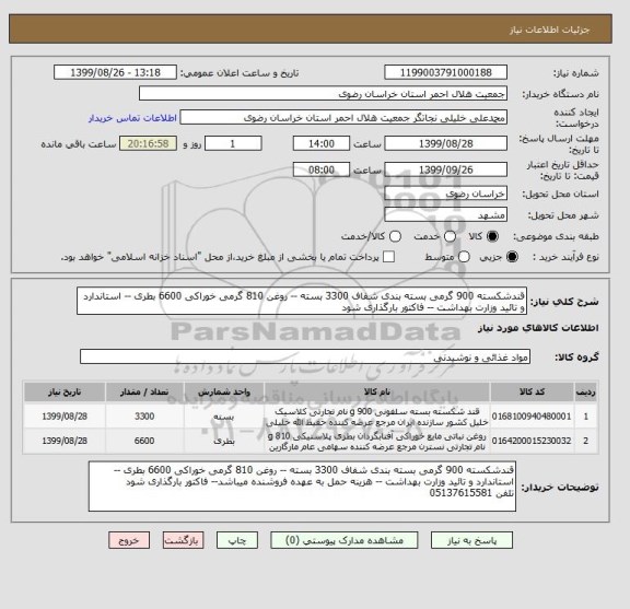 استعلام قندشکسته 900 گرمی بسته بندی شفاف 3300 بسته -- روغن 810 گرمی خوراکی 6600 بطری -- استاندارد و تائید وزارت بهداشت -- فاکتور بارگذاری شود