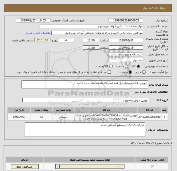 استعلام دروربین های موردنیازطبق فرم استعلام بامشخصات داده شده 