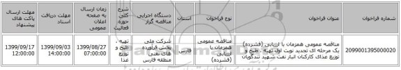 مناقصه عمومی همزمان با ارزیابی (فشرده) یک مرحله ای تجدید نوبت اول تهیه ، طبخ و توزیع غذای کارکنان انبار نفت شهید تندگویان