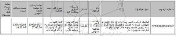 فراخوان ارزیابی کیفی تهیه و اجرای لوله کشی و ملزومات مربوط به کولینگ و فومینگ و لکه گیری بدنه بیرونی مخازن و لوله های موجود واقع در انبار نفت سورمق ( ش