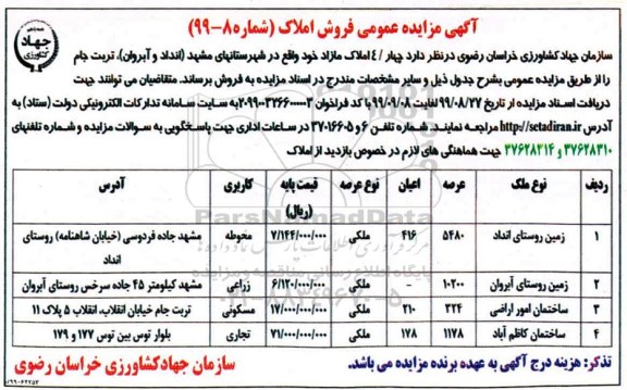 آگهی مزایده مزایده فروش 4 املاک مازاد