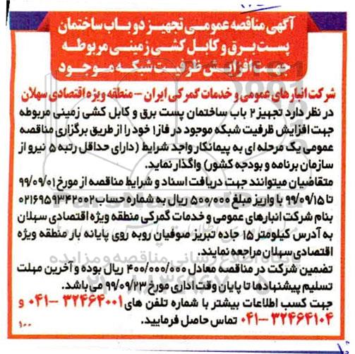 مناقصه تجهیز دوباب ساختمان پست برق و کابل کشی زمینی 