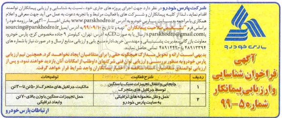 فراخوان عمومی شناسایی و ارزیابی پیمانکار, فراخوان شناسایی و ارزیابی پیمانکار جابجایی و انتقال تجهیزات سبک یا سنگین توسط جرثقیل ...