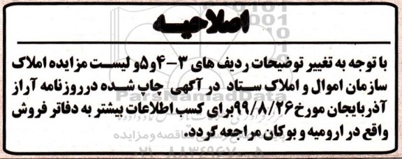 اصلاحیه مزایده فروش املاک تجاری و مسکونی 