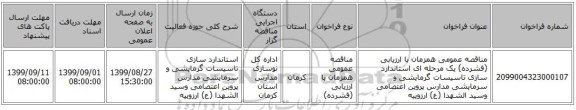 مناقصه عمومی همزمان با ارزیابی (فشرده) یک مرحله ای استاندارد سازی تاسیسات گرمایشی و سرمایشی مدارس پروین اعتصامی وسید الشهدا (ع) ارزوییه
