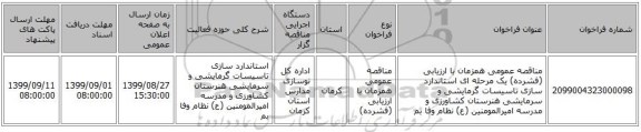 مناقصه عمومی همزمان با ارزیابی (فشرده) یک مرحله ای استاندارد سازی تاسیسات گرمایشی و سرمایشی هنرستان کشاورزی و مدرسه امیرالمومنین (ع) نظام وفا بم  