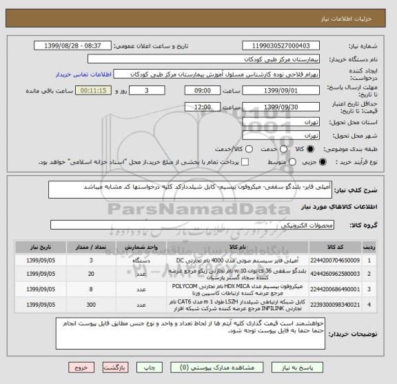 استعلام آمپلی فایر- بلندگو سقفی- میکروفون بیسیم- کابل شیلددارکد کلیه درخواستها کد مشابه میباشد