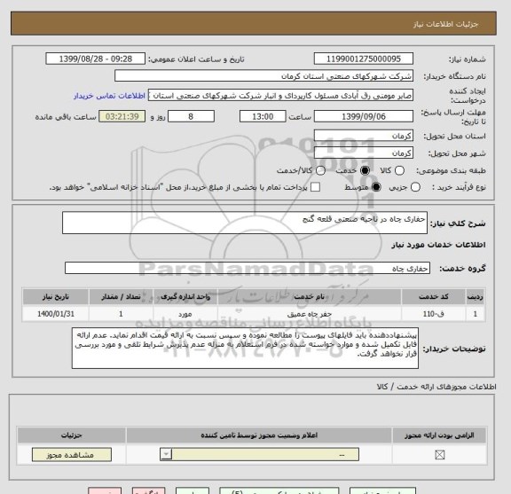 استعلام حفاری چاه در ناحیه صنعتی قلعه گنج