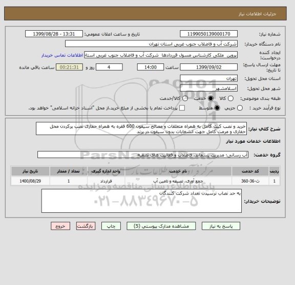 استعلام خرید و نصب کیت کامل به همراه متعلقات و مصالح سیفون 600 فقره به همراه حفاری نصب پرکردن محل حفاری و مرمت کامل جهت انشعابات بدون سیفون در پرند 