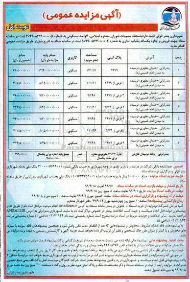 مزایده عمومی , مزایده فروش 7 واحد مسکونی و اجاره یکساله یکباب انباری 