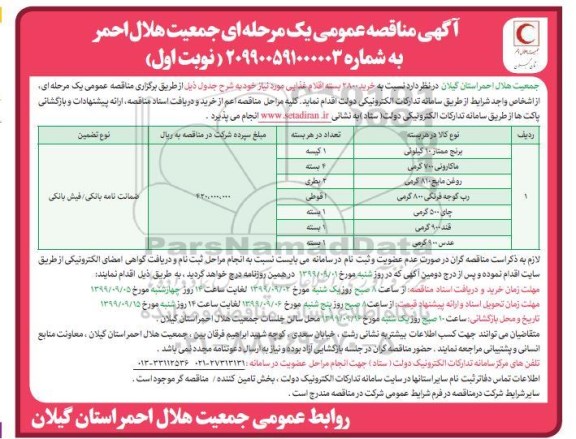 مناقصه خرید 2800 بسته اقلام غذایی