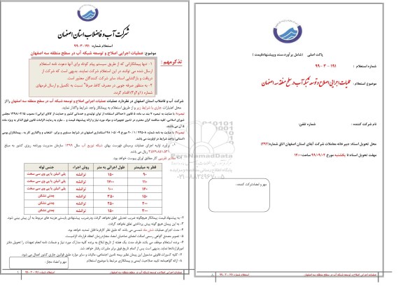استعلام, استعلام عملیات اجرایی اصلاح و توسعه شبکه آب