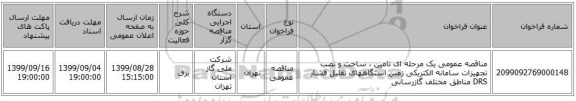 مناقصه عمومی یک مرحله ای تامین ، ساخت و نصب تجهیزات سامانه الکتریکی زمین استگاههای تقلیل فشار DRS مناطق مختلف گازرسانی