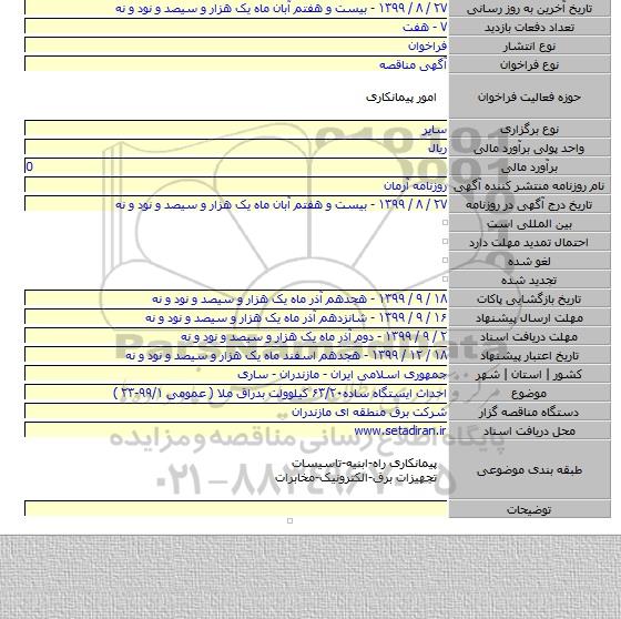 احداث ایستگاه ساده۶۳/۲۰ کیلوولت بدراق ملا ( عمومی ۹۹/۱-۲۳ )