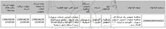 مناقصه عمومی یک مرحله ای مناقصه عملیات اجرایی خدمات شهری ، نگهداری و آبیاری فضای سبز