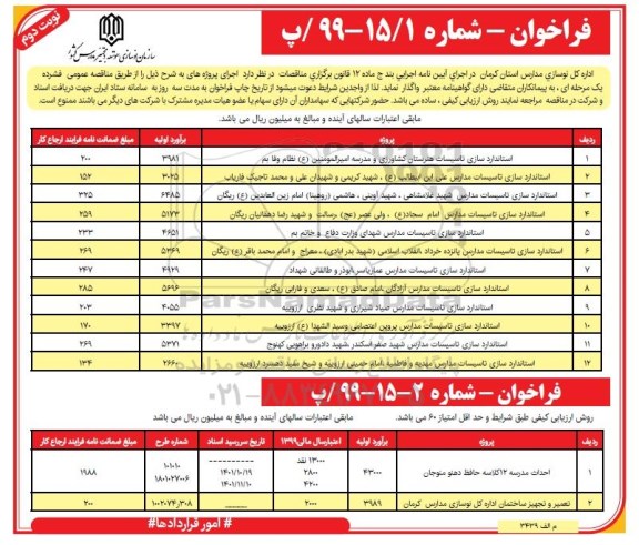 فراخوان استانداردسازی تاسیسات و... نوبت دوم 