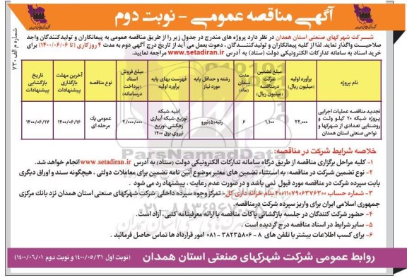 مناقصه،مناقصه عملیات اجرایی پروژه شبکه 20 کیلوولت و روشنایی.... - نوبت دوم 