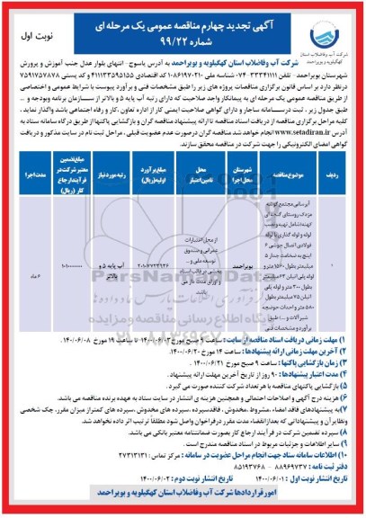 تجدید چهارم مناقصه آبرسانی مجتمع 