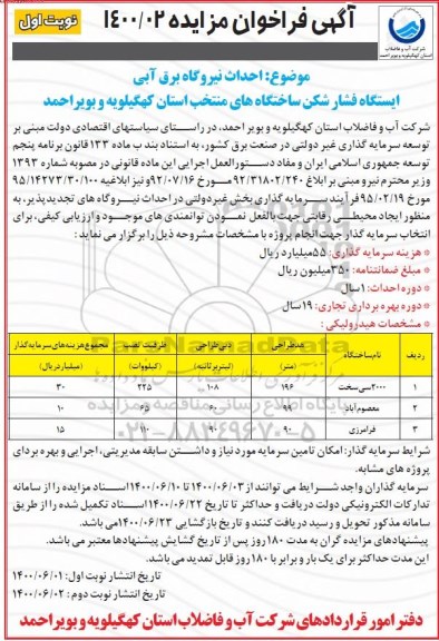 فراخوان، فراخوان احداث نیروگاه برق آبی ایستگاه فشار شکن ساختگاه های منتخب