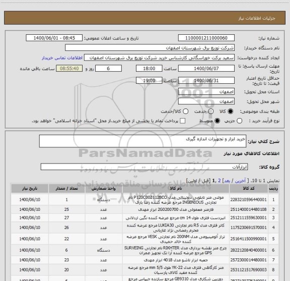 استعلام خرید ابزار و تجهیزات اندازه گیری