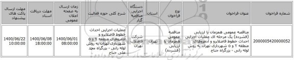 مناقصه عمومی همزمان با ارزیابی (فشرده) یک مرحله ای عملیات اجرایی احداث خطوط فاضلابرو و آدمروهای منطقه ٢ و ٥ شهرداری تهران به روش لوله رانی - بزرگراه جناح 