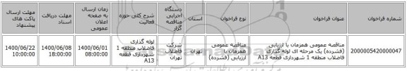 مناقصه عمومی همزمان با ارزیابی (فشرده) یک مرحله ای لوله گذاری فاضلاب منطقه 1 شهرداری قطعه A13