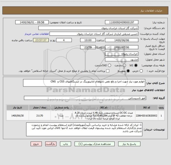 استعلام -لوازم مورد نیاز جهت اجرا و رفع نقص تابلوهای مانیتورینگ در ایستگاههای CGS و  CNG