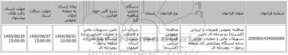 مناقصه عمومی همزمان با ارزیابی (فشرده) دو مرحله ای تامین تسهیلات مالی و عملیات اجرایی سازه ایستگاه پمپاژعلی آباد منطقه برخوار – دومرحله ای
