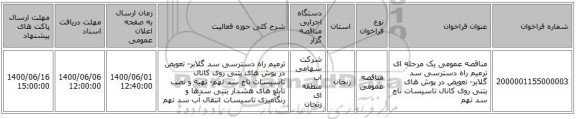 مناقصه عمومی یک مرحله ای ترمیم راه دسترسی سد گلابر- تعویض در پوش های بتنی روی کانال تاسیسات تاج سد تهم