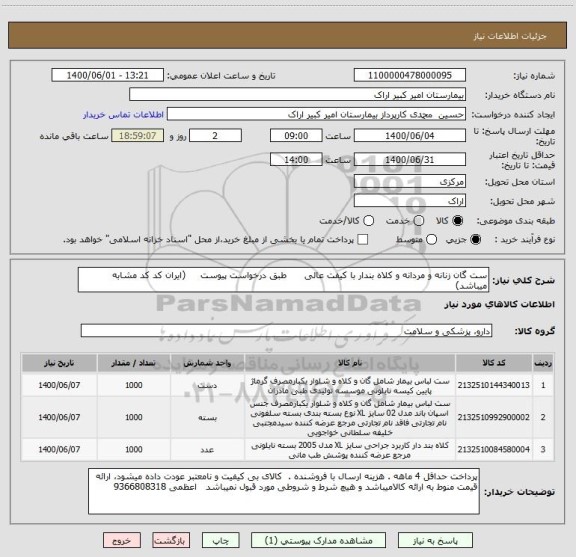 استعلام ست گان زنانه و مردانه و کلاه بندار با کیفت عالی      طبق درخواست پیوست     (ایران کد کد مشابه میباشد)