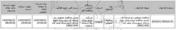 مناقصه عمومی دو مرحله ای تجدید مناقصه برونسپاری بهره برداری شهرستان نجف آباد 1990/1400