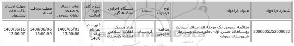 مناقصه عمومی یک مرحله ای اجرای آسفالت روستاهای حسن اوله ،جانوره،دری وسرنژمار شهرستان مریوان