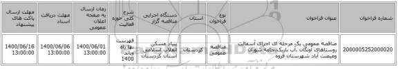 مناقصه عمومی یک مرحله ای اجرای آسفالت روستاهای آونگان ،آب باریک،جامه شوران ومیمنت آباد شهرستان قروه