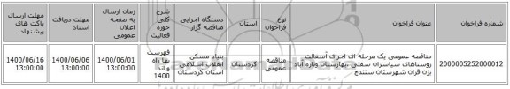مناقصه عمومی یک مرحله ای اجرای آسفالت روستاهای سیاسران سفلی ،بهارستان وتازه آباد بزن قران شهرستان سنندج