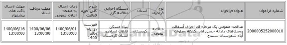 مناقصه عمومی یک مرحله ای اجرای آسفالت روستاهای دادانه حسن آباد ،کیلانه وصلوات آباد شهرستان سنندج