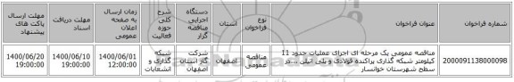 مناقصه عمومی یک مرحله ای اجرای عملیات حدود 11 کیلومتر شبکه گذاری پراکنده فولادی و پلی اتیلن ...در سطح شهرستان خوانسار