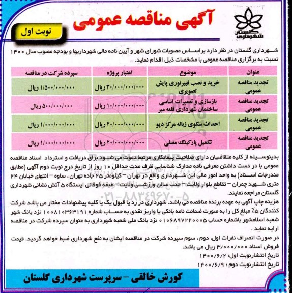 مناقصه عمومی، مناقصه عمومی خرید و نصب فیبر نوری پایش تصویری