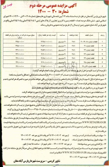 مزایده،مزایده فروش 10 قطعه زمین با کاربری تجاری مرحله دوم نوبت اول