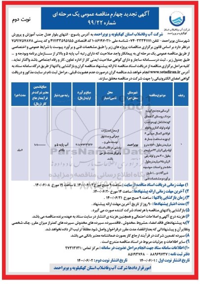 تجدید چهارم مناقصه آبرسانی مجتمع - نوبت دوم 
