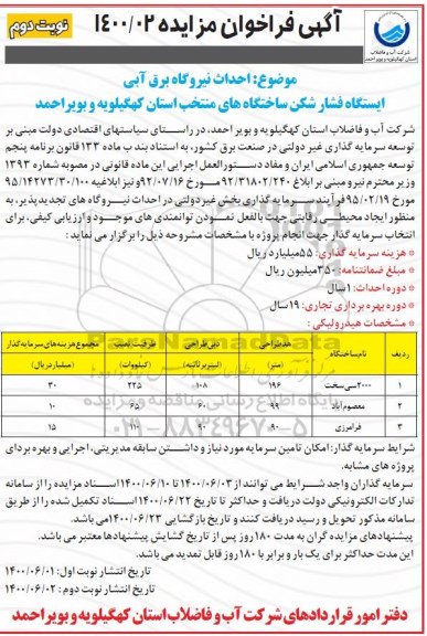 فراخوان، فراخوان احداث نیروگاه برق آبی ایستگاه فشار شکن ساختگاه های منتخب - نوبت دوم 