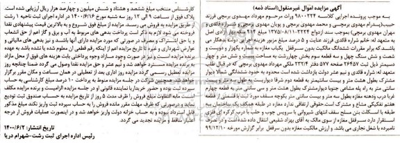 مزایده،مزایده ششدانگ سرقفل یکباب مغازه