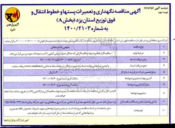 مناقصه،  مناقصه نگهداری و تعمیرات پستها و خطوط انتقال و فوق توزیع  (بخش A)- نوبت دوم