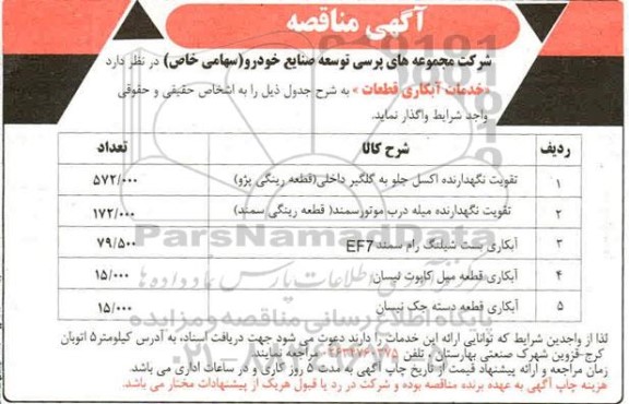 مناقصه خدمات آبکاری قطعات 