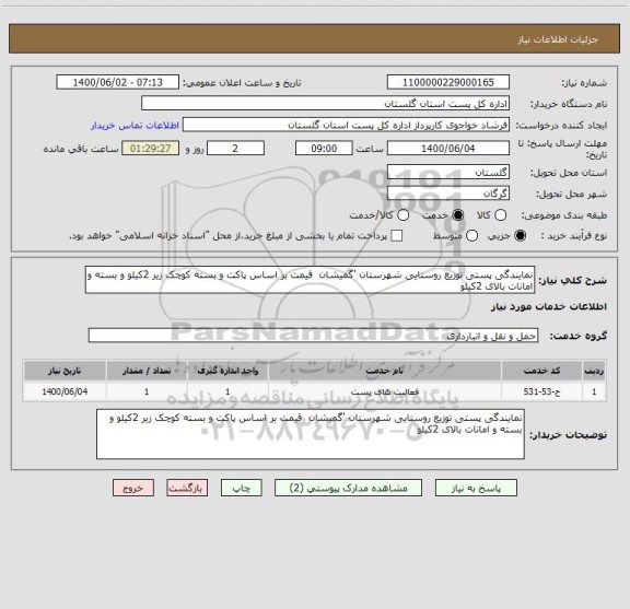 استعلام نمایندگی پستی توزیع روستایی شهرستان 'گمیشان  قیمت بر اساس پاکت و بسته کوچک زیر 2کیلو و بسته و امانات بالای 2کیلو