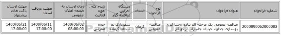 مناقصه عمومی یک مرحله ای پیاده روسازی و بهسازی جداول خیابان جانبازان در دو فاز 