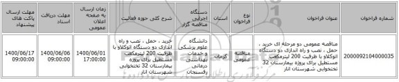 مناقصه عمومی دو مرحله ای خرید ، حمل ، نصب و راه اندازی دو دستگاه اتوکلاو با ظرفیت 200 لیترمکعب مستطیل برای پروژه بیمارستان 32 تختخوابی شهرستان انار